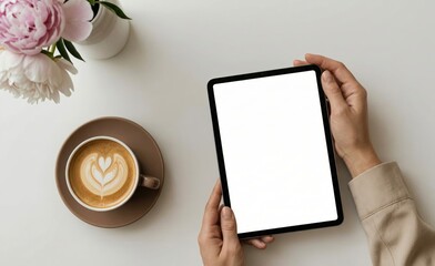 Obraz premium Hands Holding Tablet with Coffee and Flowers on White Desk for Web Design