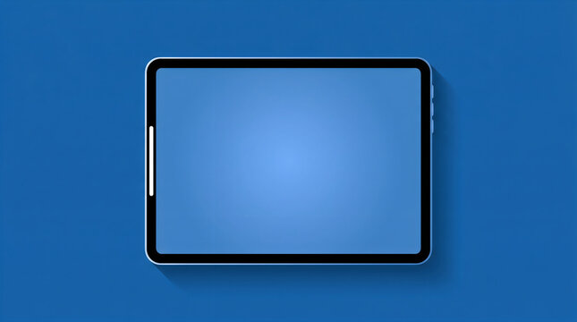 Modern digital tablet mockup with blank blue screen, sleek electronic device on blue background, professional touchscreen display for app presentation