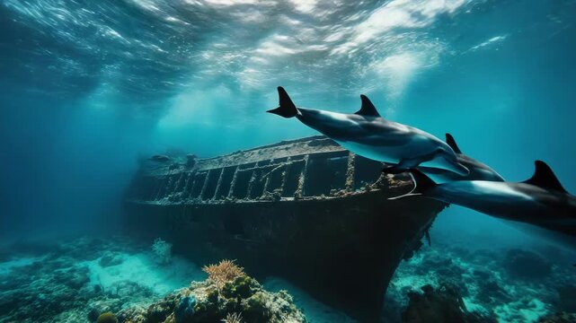 A captivating underwater scene depicts dolphins swimming near an aged, sunken ship and coral