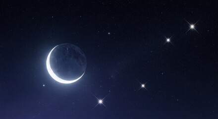 Fototapeta premium Crescent moon shining brightly in a dark night sky surrounded by twinkling stars and planets