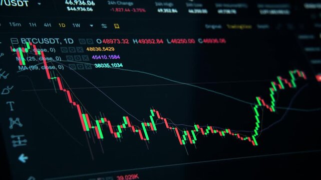 Close up view of cryptocurrency market price chart on digital tablet screen.