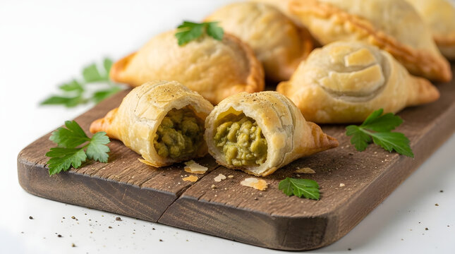 Pastizz from Malta or sometimes called as pastizzi, crispy croissant dish filled with mushed curried peas, ricotta cheese and anchovies on a wooden platter board