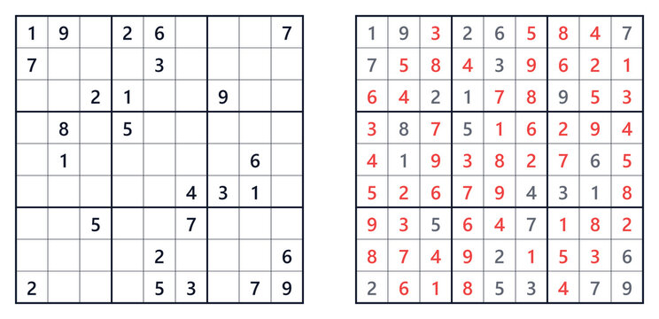 Sudoku  classic expert puzzle boards showing solved and unsolved versions side by side  