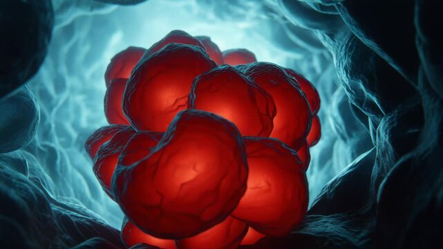 Malignant red cell cluster emerging in a dark blue textured biological background, representing a dangerous microscopic tumor and pathological growth in a medical research context
