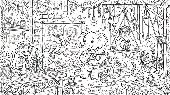 Steampunk jungle animals coloring page, cute elephant and monkey mechanics in a workshop, black and white line art vector illustration for kids