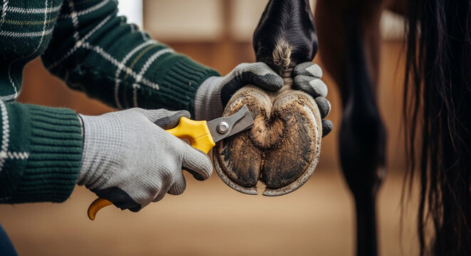 Person trimming horse hoof with yellow handled hoof nippers carefully