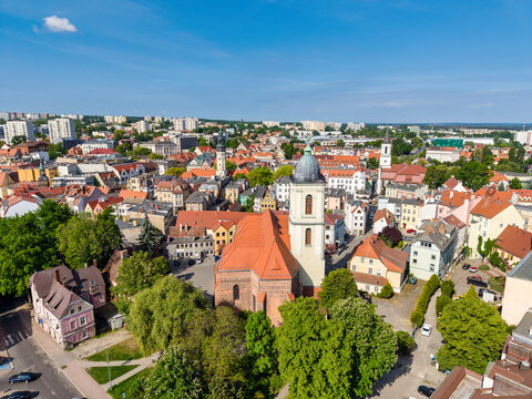 Aerial view of Co-cathedral of St. Hedwig of Silesia in Zielona Gora. Lubusz Voivodeship, Poland