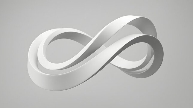 Modern elegant 3D abstract white infinity loop on grey, symbolizing endlessness and continuity