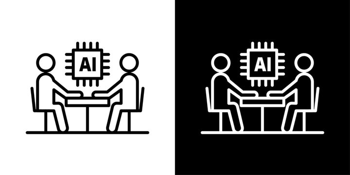 AI meeting icon in outline style featuring team members and AI microchip elements representing intelligent collaboration, automated decision-making, and smart business meetings.