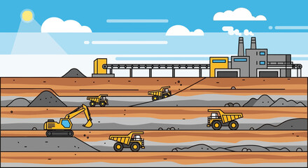 Open-pit mining operation with excavators and dump trucks, industrial complex in background. © Resna