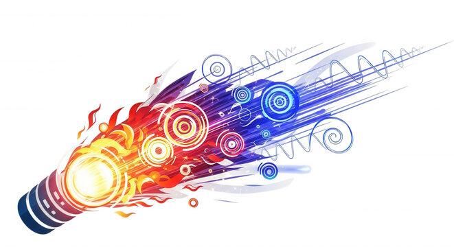 Abstract composition featuring a glowing light bulb emitting fiery orange flames and blue energy streaks with concentric circles on a black