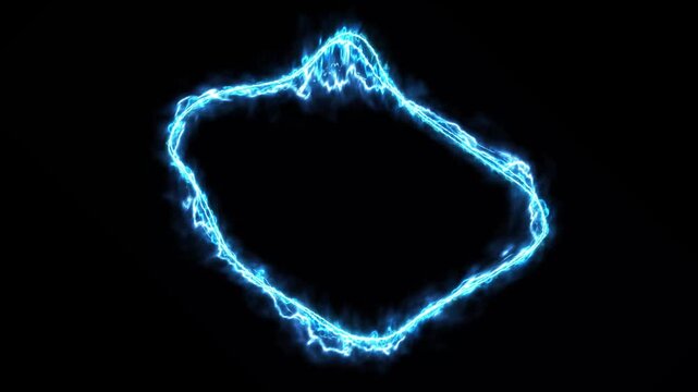 Animated blue electric energy ring with glowing plasma effect. Abstract electric frame with neon blue lightning arcs morphing on black background.