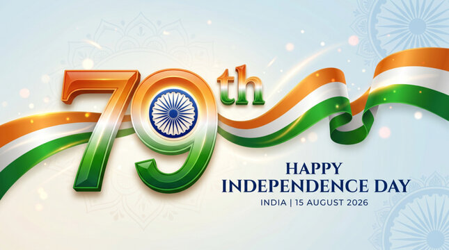 Patriotic 79th Independence Day banner with tricolor ribbon theme for India celebration greeting