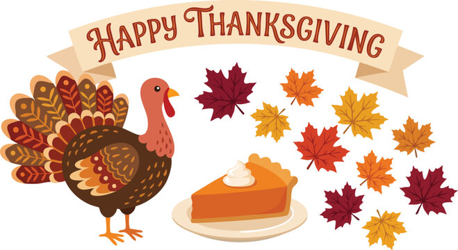 Thanksgiving Turkey and Pumpkin Pie Vector with Autumn Leaves and Banner