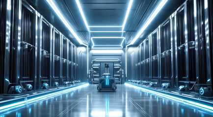 Obraz premium Futuristic automated warehouse with robotic systems and glowing blue lights in a hightech data storage facility