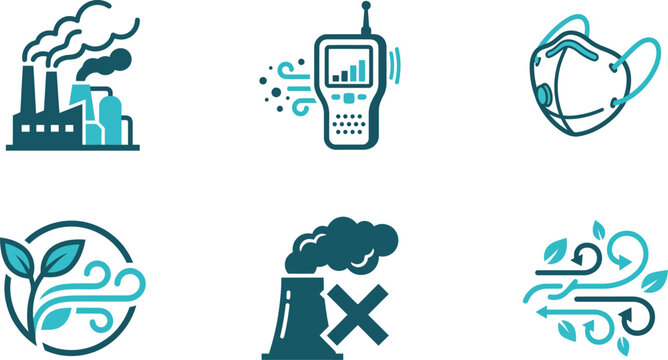 Industrial air pollution monitoring and environmental protection dual tone icon set for ecology designs