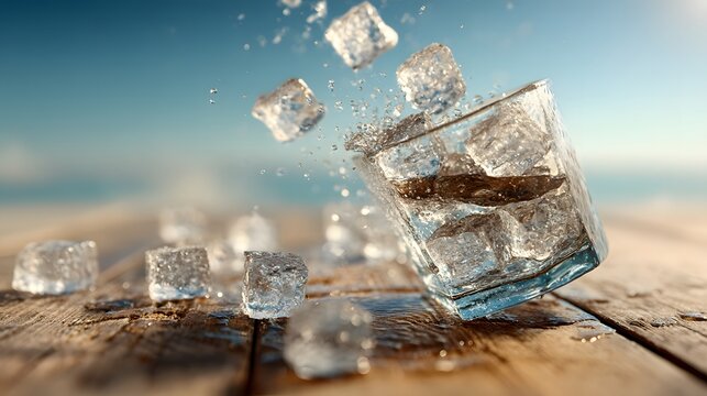 Ice Cubes Splashing in a Glass on a Wooden Table by the Sea