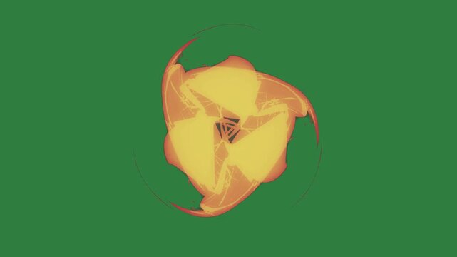 Yellow orange logo picture of fire an on red dot it the letter v ball object in middle motion depth colorful scene