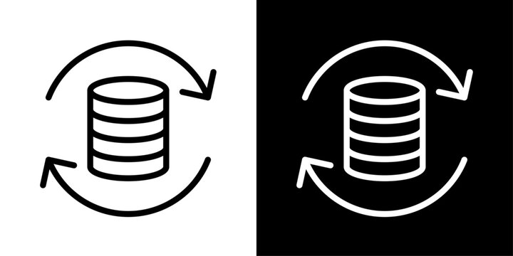 AI server icon in outline style featuring database and circular sync elements representing artificial intelligence, cloud computing, and data processing systems.