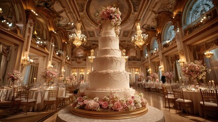 Obraz premium Elegant Multi-Tier Wedding Cake Surrounded by Floral Decorations