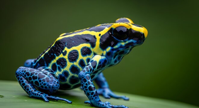 Poison dart frog on green leaf.