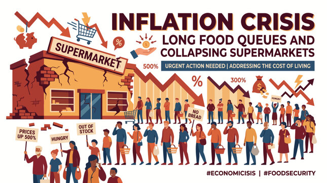 Illustration of people in a long food queue outside a supermarket with a crumbling facade and economic crisis signs.