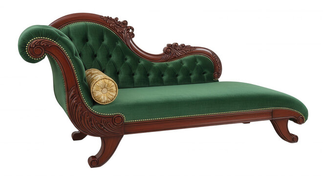 Antique victorian style chaise lounge with dark wood frame, tufted green velvet upholstery, and a cylindrical gold accent pillow on a black