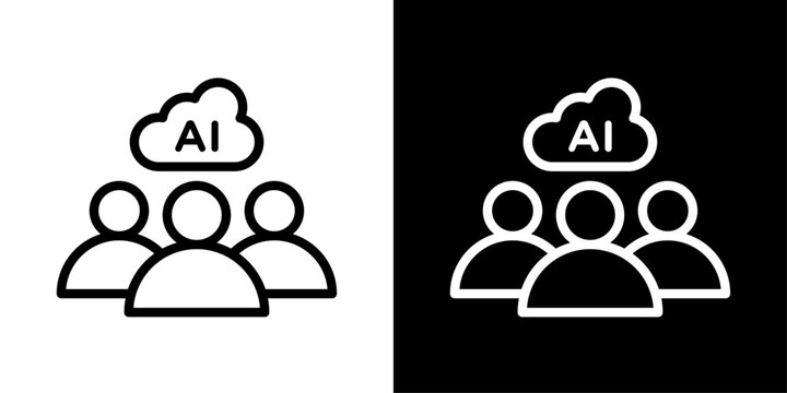 Minimal AI teamwork icon in outline style featuring team collaboration, cloud AI systems, smart communication, and digital connectivity.