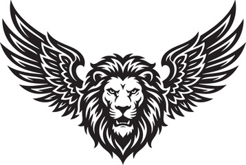 Fototapeta premium Black and white illustration of a majestic lion head with large spread wings in a powerful tattoo style design