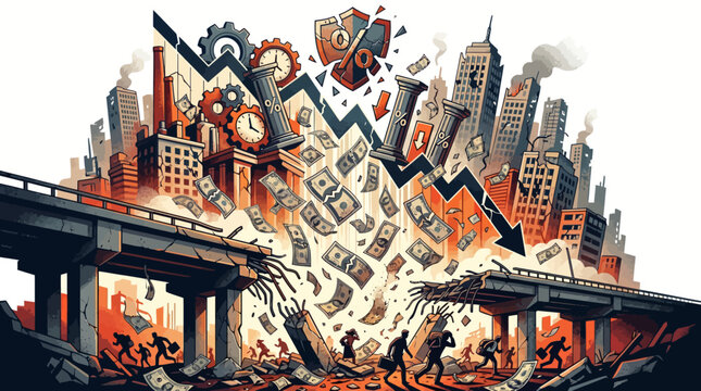 Illustration of a cityscape with a bridge on fire and destruction amidst skyscrapers in a chaotic scene with a dark and ominous mood.