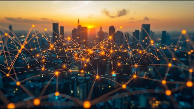 Smart digital Innovation city with connection network reciprocity over the twilight cityscape. of future smart wireless digital city and social media networking systems that connects people with city