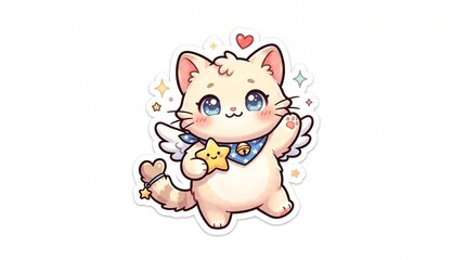 Obraz premium Adorable cartoon cat with angelic wings holding a yellow star, surrounded by sparkles and a heart.