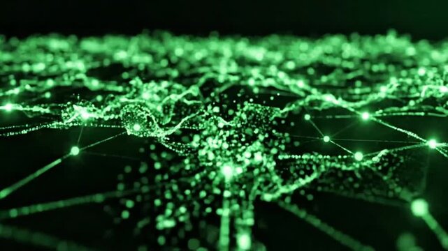 Green digital particles forming and dissolving into abstract network connections with flowing lines and glowing nodes, creating a futuristic motion graphic for blockchain, AI, and data concepts.