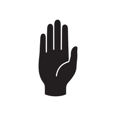 Obraz premium Black silhouette of a raised left hand with palm facing forward in a stopping or warning gesture isolated on white background.
