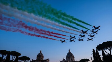 Italian aerobatic team flying over Rome silhouetted skyline with green white and red smoke trails