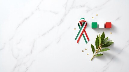 Italian tricolor ribbon and laurel branch on white marble background for national holiday celebration