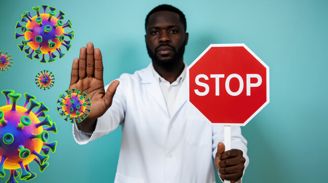 A man wearing a white lab coat holds up a red "STOP" sign in one hand and raises his other hand in a stopping gesture next to floating virus models. Virus concept.