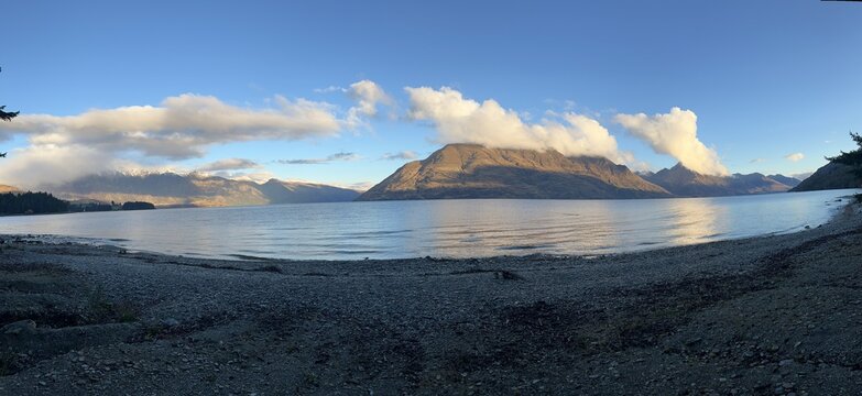 Panoramic View of Lake Wakatipu and Remarkables Mountains at Sunset