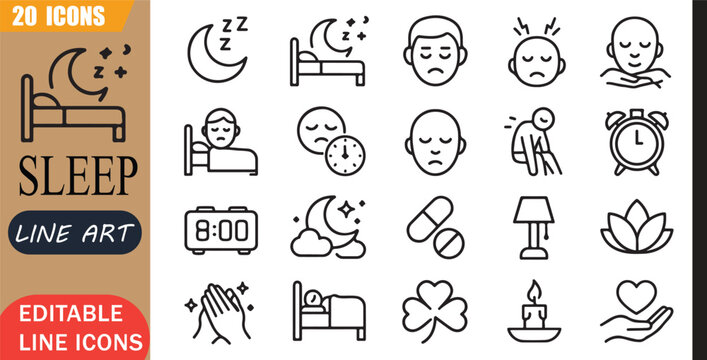 Isolated insomnia wellness icons set, 20 editable line art icons set, sleep insomnia tired, fatigue wellness health, rest bedtime relaxation, care theme style, clean outline vector