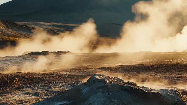 Steam rises from the geothermal vents of el tatio geysers in the atacama desert of chile, creating a surreal and misty volcanic landscape beneath the andes mountains