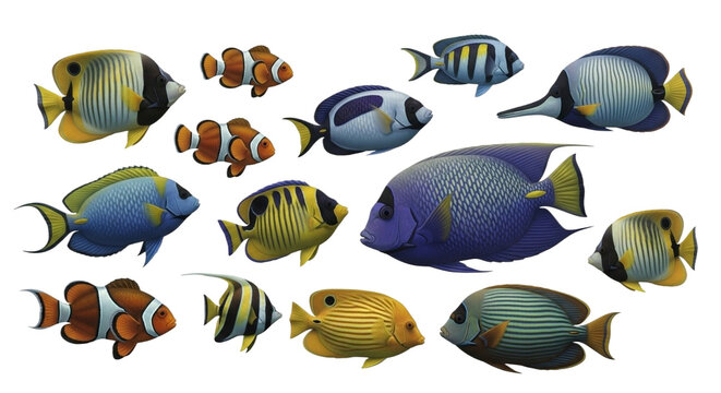 Collection of colorful tropical marine fish species including clownfish and angelfish isolated on transparent background