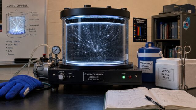 Cloud chamber setup for observing particle tracks with dry ice and equipment in a laboratory environment