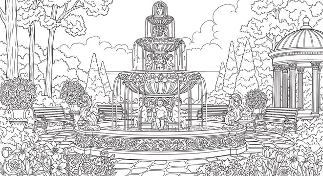 Elegant fountain with garden landscape illustration for coloring book