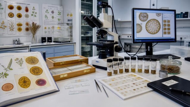 Workspace in a laboratory for studying plant specimens with microscope and organized samples during daylight hours