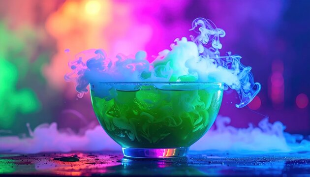 Mysterious Green Potion Bubbling with Colorful Smoke.