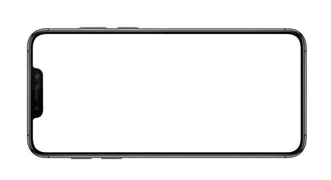 Modern smartphone mockup in horizontal orientation with blank white screen isolated on transparent background