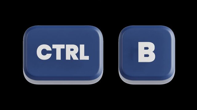3D blue keyboard shortcut animation featuring the CTRL and B keys pressed to activate the Bold text command. Perfect for tutorials, UI demonstrations, presentations. Transparent background animation.