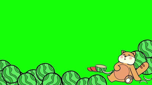Cute cartoon cat relaxing among fresh watermelons in this animated video clip featuring smooth motion and high quality 4k visuals