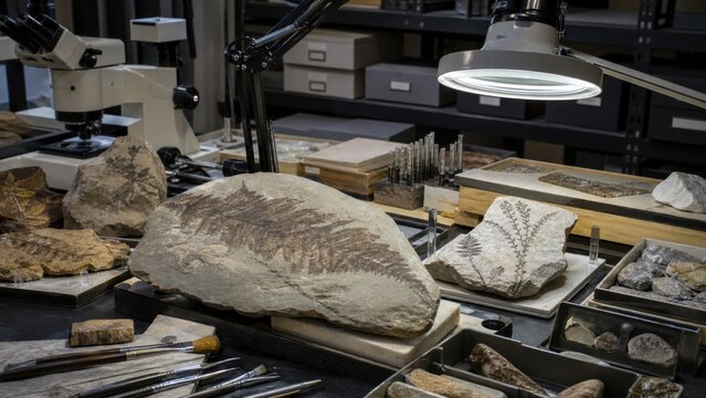 Collection of fossils displayed on a lab table with tools and equipment for scientific research and analysis in a paleontology setting