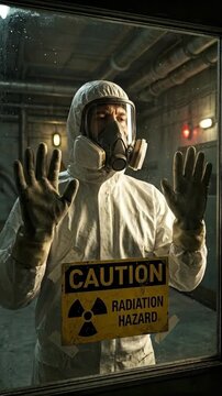 Person wearing specialized protective hazmat gear with gas mask, pressing hand onto glass barrier featuring prominent biohazard warning, illustrating danger from radioactive material.